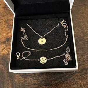 Gold Initial Pendant Necklace and Bracelet Set